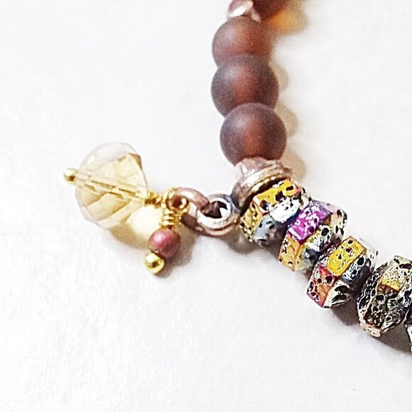 Slim Beaded Bracelet! Recycled Glass + Electroplated Lava Beads ~ Fall Colors - Picture 1 of 9